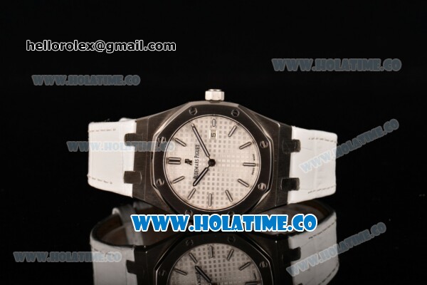 Audemars Piguet Royal Oak Lady Swiss Quartz Steel Case with White Leather Strap White Dial and Stick Markers - Click Image to Close